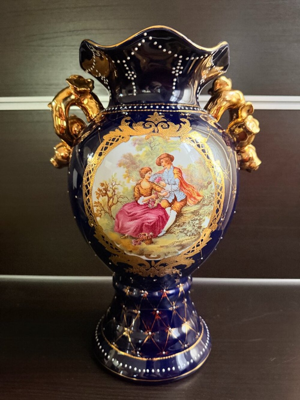 Vintage 14" Ornate Cobalt Blue & Gold Fragonard Porcelain Vase Courting Couple